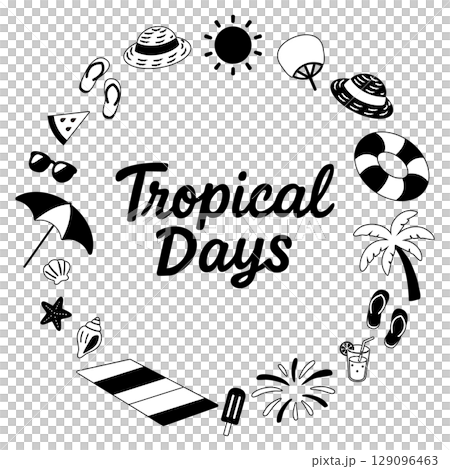 帶有英文短語的夏季圓形框架（熱帶日，單色） 129096463