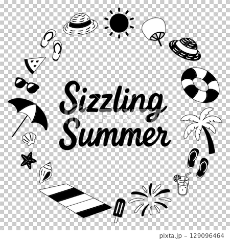Summer circle frame with English phrase (Sizzling Summer, monochrome) 129096464