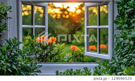 Open window garden view sunlight green foliage peaceful setting 129096529