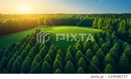 Aerial view green meadow sunset forest nature landscape 129096537
