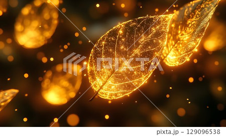 Glowing golden leaves dark background bokeh sparkle effect 129096538