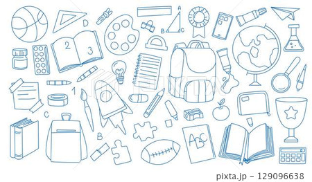 Hand drawn school supplies and accessories.  129096638