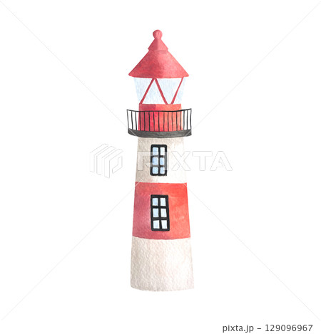Lighthouse painted with watercolors on a white background. Ideal for postcards, printing on wallpaper, fabric 129096967
