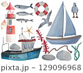 A watercolor painting of a boat, lighthouse, seagull, and fish 129096968