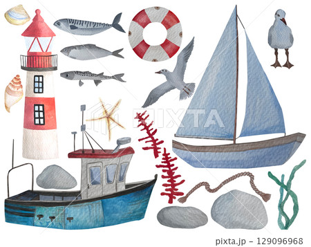 A watercolor painting of a boat, lighthouse, seagull, and fish 129096968