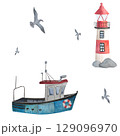 Pattern of watercolor elements. Barge, lighthouse, seagulls, lifebuoy, stones painted with watercolors on a white background. Ideal for postcards, printing on wallpaper, fabric 129096970