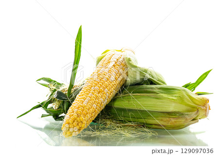 fresh corn cob with husk on white background 129097036