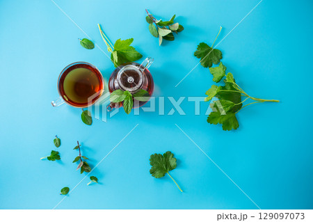 Green tea with currant leaves and mint in glass teapot and cup 129097073