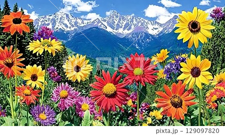 Colorful flowers against mountains Colorful flowers against mountains 129097820