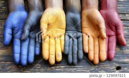 Colorful kids hands in protective gloves 129097821