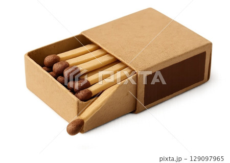 Open Cardboard Matchbox with Partially Pulled Wooden Matches 129097965