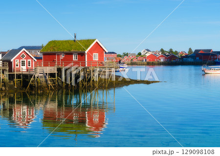 View of a traditional house with moss on the roof in the Lofoten Islands, Norway. 129098108