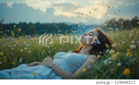 Relaxed Woman Listening to Music in a Flowery Meadow Relaxed Woman Listening to Music in a Flowery Meadow 129098211