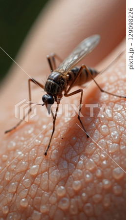 Extreme Close-Up of a Mosquito Landing on Human Skin Pores 129098226
