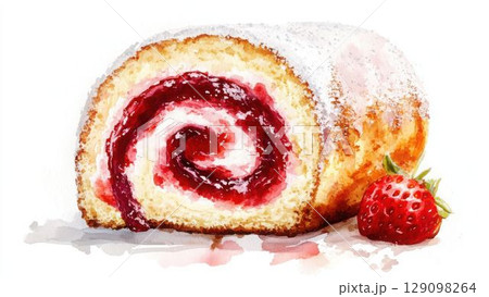 いちごジャムのロールケーキの水彩イラスト_1 129098264
