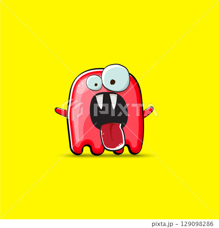 Funny cute smiling red ghost monster isolated on yellow background. Hand drawn cartoon red ghost character with eyes and mouth , cute emoji. Funky Halloween spirit element. Funny cute smiling red ghost monster isolated on yellow background. Hand drawn cartoon red ghost character with eyes and mouth , cute emoji. Funky Halloween spirit element. 129098286