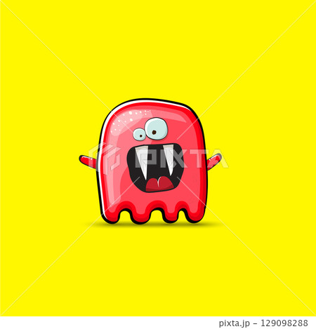Funny cute smiling red ghost monster isolated on yellow background. Hand drawn cartoon red ghost character with eyes and mouth , cute emoji. Funky Halloween spirit element. 129098288