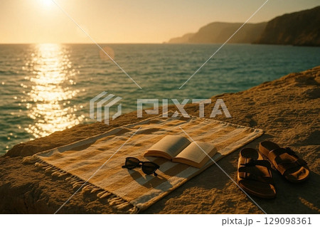 Serene Beach Sunset Scene with Book, Sunglasses, and Sandals on Sand 129098361