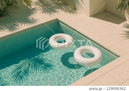 Tranquil Swimming Pool with White Floats for Relaxation 129098362