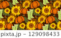 Autumn floral seamless pattern with, sunflowers, oak tree leaves, pumpkins, acorns, and polka dot rubber boots. Harvest festival, Halloween or Happy Thanksgiving concept design. Seasonal illustration 129098433