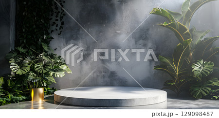 Minimalist scene with round podium and geometric shapes for product presentation - Ai Generated 129098487