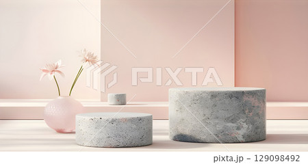 Minimalist scene with round podium and geometric shapes for product presentation - Ai Generated Minimalist scene with round podium and geometric shapes for product presentation - Ai Generated 129098492