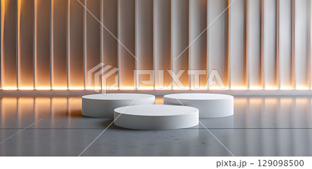 Minimalist scene with round podium and geometric shapes for product presentation - Ai Generated 129098500