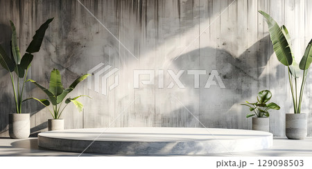 Minimalist scene with round podium and geometric shapes for product presentation - Ai Generated 129098503