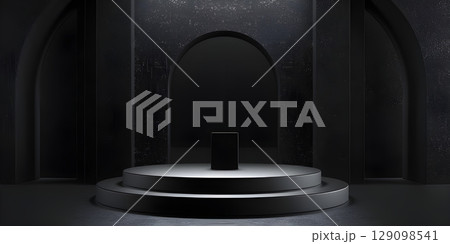 3d rendering of podium for product display in minimal style with black marble wall background - Ai Generated 129098541