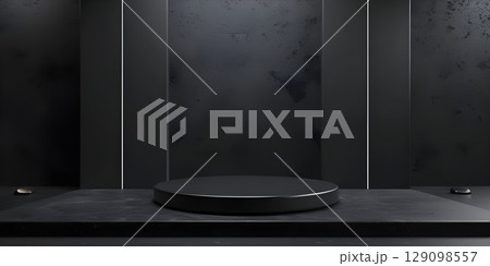 3d rendering of podium for product display in minimal style with black marble wall background - Ai Generated 129098557