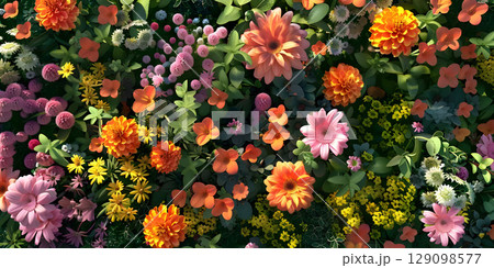Colorful spring flowers background, Top view - Ai Generated 129098577