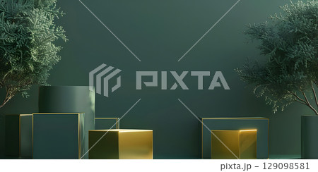 3d render of podium for product display with gold and green marble background - Ai Generated 129098581