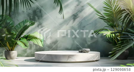 3d render of minimal display podium with tropical leaves and plants background - Ai Generated 129098658