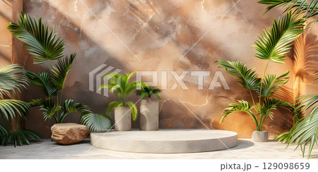 3d render of minimal display podium with tropical leaves and plants background - Ai Generated 129098659