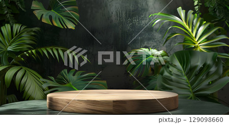 3d render of minimal display podium with tropical leaves and plants background - Ai Generated 129098660