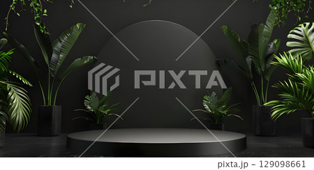 3d render of minimal display podium with tropical leaves and plants background - Ai Generated 129098661