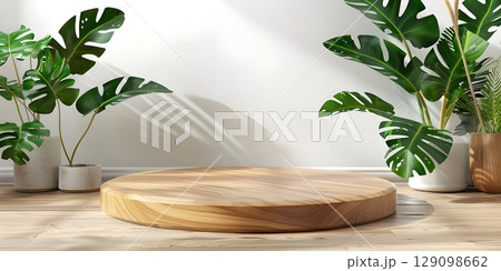 3d render of minimal display podium with tropical leaves and plants background - Ai Generated 129098662