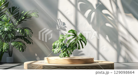 3d render of minimal display podium with tropical leaves and plants background - Ai Generated 129098664