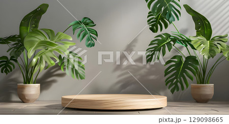 3d render of minimal display podium with tropical leaves and plants background - Ai Generated 129098665