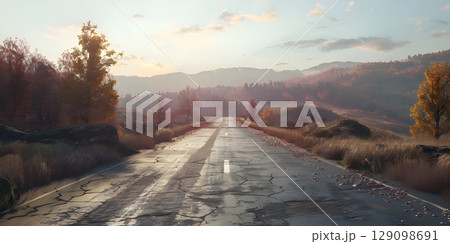 Road in the tropics with palm trees and blue sky background - Ai Generated 129098691
