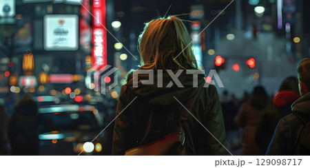 Beautiful young woman walking in the city at night Blurred background - Ai Generated Beautiful young woman walking in the city at night Blurred background - Ai Generated 129098717