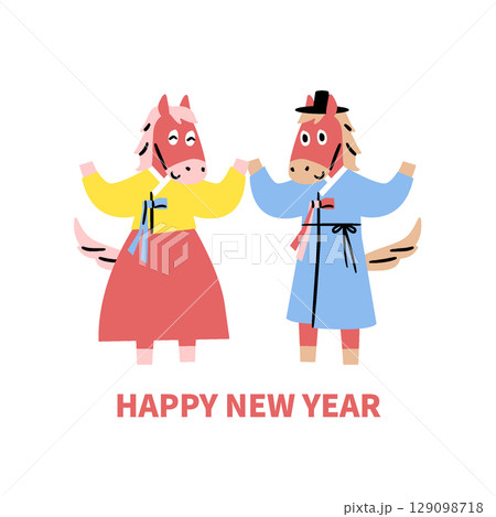 Red horse character wearing hanbok sending New Year greetings illustration 129098718