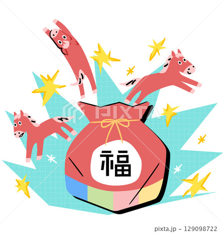 New Year illustration showing red horses coming out of a lucky bag New Year illustration showing red horses coming out of a lucky bag 129098722