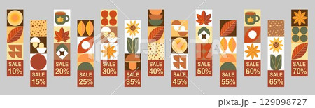 Autumn set of simple sale banners in Bauhaus style. Set of autumn price tags and discount labels. Geometric abstract autumn flyer template with Scandinavian mosaic. 129098727