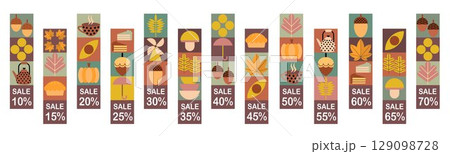 Autumn set of simple sale banners in Bauhaus style. Set of autumn price tags and discount labels. Geometric abstract autumn flyer template with Scandinavian mosaic. Autumn set of simple sale banners in Bauhaus style. Set of autumn price tags and discount labels. Geometric abstract autumn flyer template with Scandinavian mosaic. 129098728