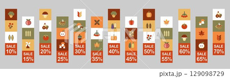 Autumn set of simple sale banners in Bauhaus style. Set of autumn price tags and discount labels. Geometric abstract autumn flyer template with Scandinavian mosaic. Autumn set of simple sale banners in Bauhaus style. Set of autumn price tags and discount labels. Geometric abstract autumn flyer template with Scandinavian mosaic. 129098729