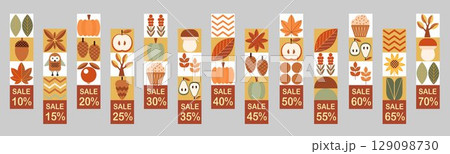 Autumn set of simple sale banners in Bauhaus style. Set of autumn price tags and discount labels. Geometric abstract autumn flyer template with Scandinavian mosaic. 129098730