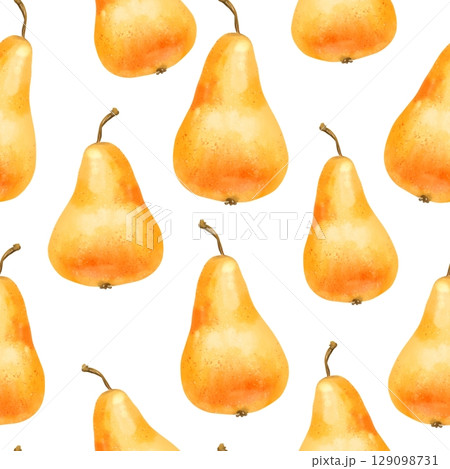 Hand-drawn seamless pattern featuring pears in shades of yellow, orange, and red on white background. 129098731