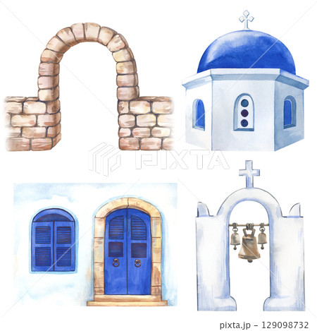 A set of architectural historical elements of Greece, hand-drawn. The watercolor illustration is isolated on a white background. A template for travel booklets, postcards, and scrapbooking. 129098732
