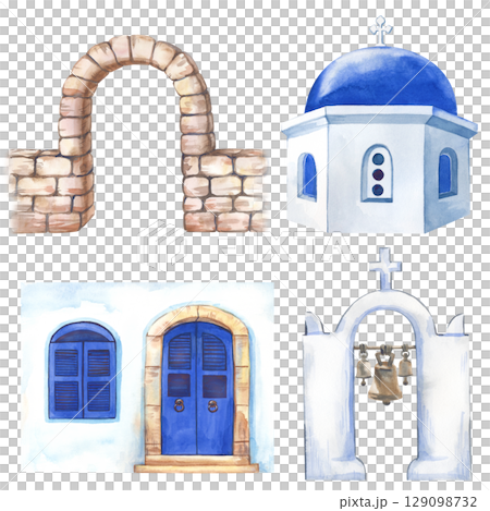 A set of architectural historical elements of Greece, hand-drawn. The watercolor illustration is isolated on a white background. A template for travel booklets, postcards, and scrapbooking. 129098732